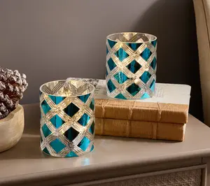 Set of 2 4" Illuminated Diamond Pattern Mini Glass Hurricanes by Valerie Home Decor