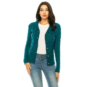 Knit Sweater Plus Size Long Sleeve Casual OL Winter Medium Length Button Front Cardigan with Pockets 40% Cotton 60% Polyester