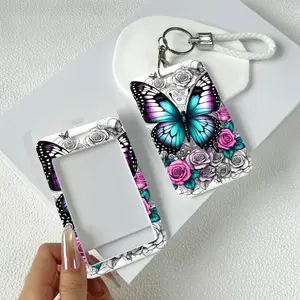 Butterfly And Roses Pattern Durable Plastic ID Badge Holder with Lanyard Slide Design for Cards Transparent Window Compatible with Credit, Metro, Bus Cards-Nurse, Doctor, Student Accessory Personalized Lanyard