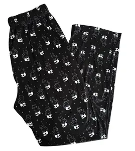 Gothic Cat Skull Pajama Pants, Spooky Cute Black Cat Print Lounge Pants, Unisex Wide Leg Casual Sleep Bottoms, Cozy All Season Comfortable Sleepwear For Men Women