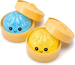 2 PCS Glitter Mystery Dumpling Squishies with Steamer Box, Soft Stretchy Bao Bun Stress Relief Balls, Sensory Fidget Squeeze Toys for Anxiety Relief, Decompression Desk Toys
