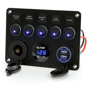 5 Gang Multi Function Rocker Switch Backlit Dual USB Charger, Digital Voltmeter, 12V Outlet Pre-Wired Switch Panel with Inline Fuse for RV Truck Car Marine Boats, Without Battery