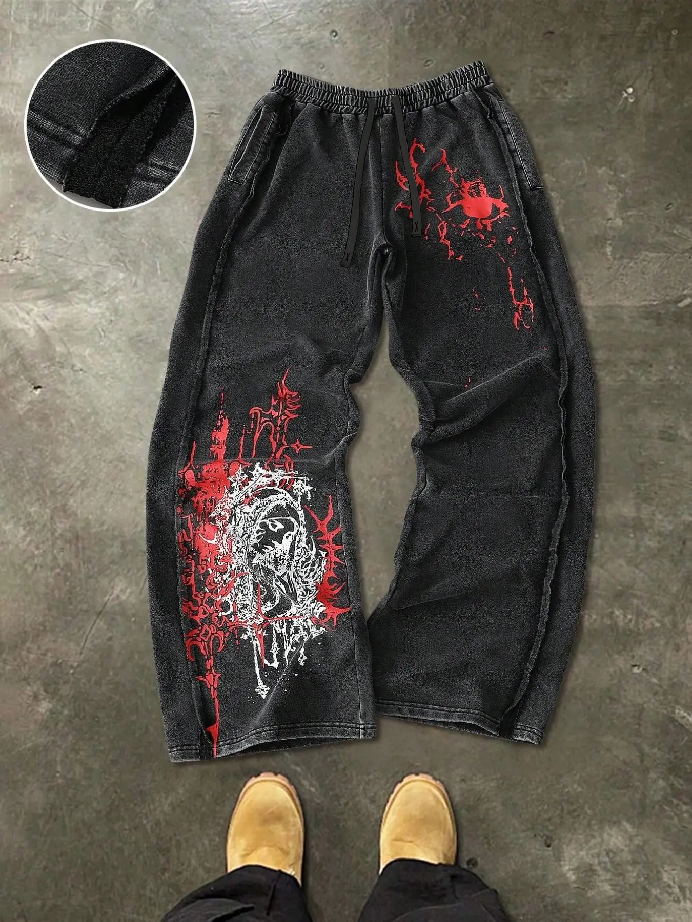 Unisex Washed Vintage Religious Jesus Thorn Graphic Print Oversized Sweatpants | Y2K Gothic Dark Aesthetic High Street American Retro Classic Streetwear Trousers