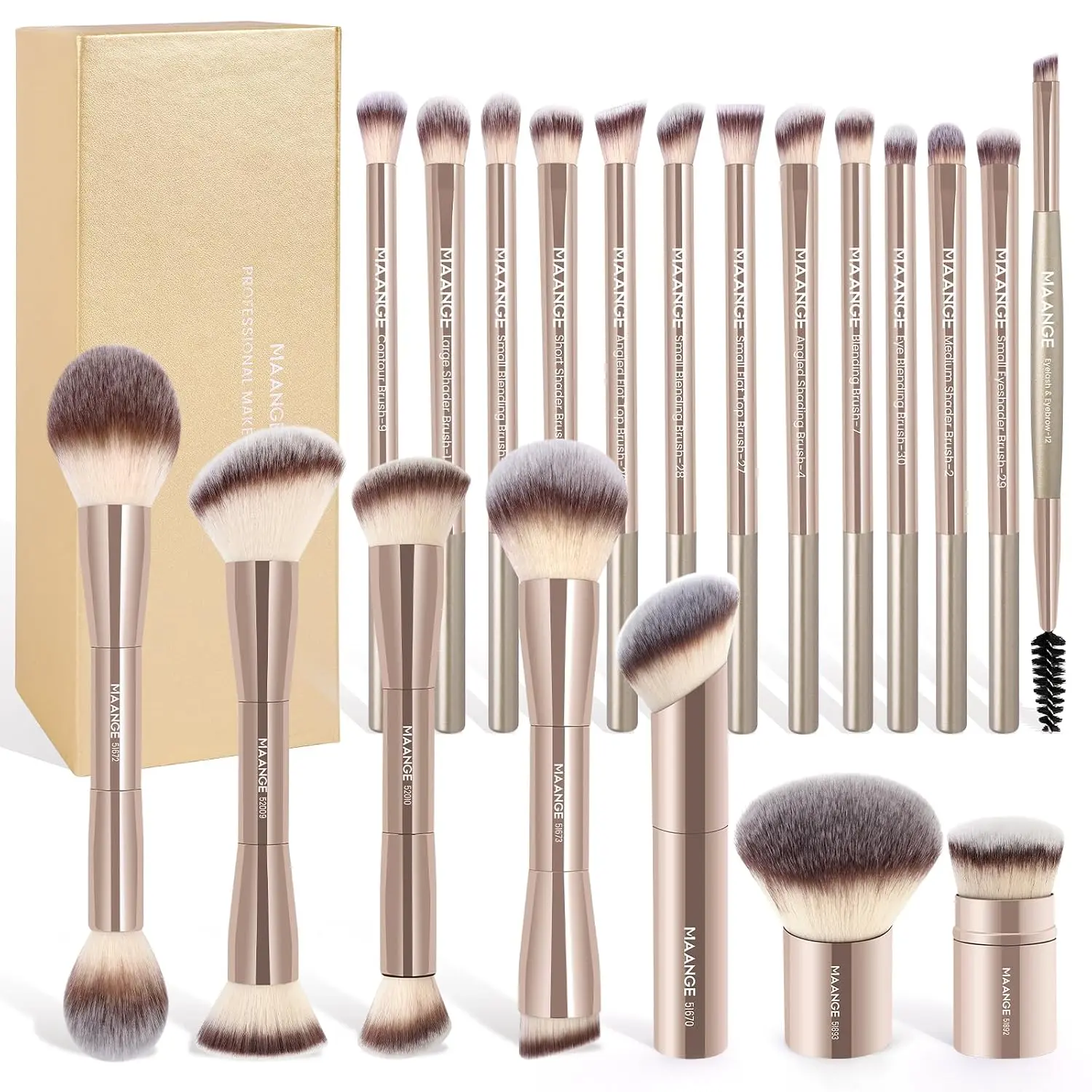 MAANGE 20 Pcs Double-End Multi-Functional Makeup Brush Set with Gift Box, for Blending Liquid, Powder, Concealer, Cream & Blush, Champagne Color (Beauty & Personal Care)