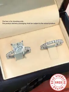 S925 Sterling Silver Promise Ring for Girlfriend, Bling Ring, Elegant Engagement Ring, Fashion Artificial Zircon Decor Engagement Ring for Party, Daily Decor, Trendy All-match & Exquisite Jewelry for Birthday Gift, Valentine's Day, Gift