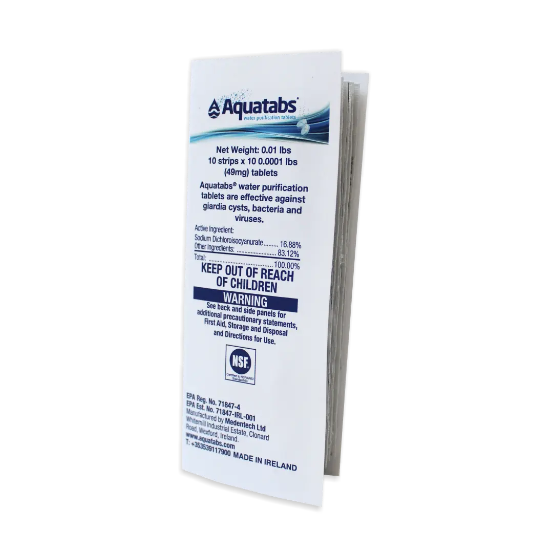 Aquatabs 49mg Water Purification Tablets (100 Pack). Water Filtration System for Hiking, Backpacking, Camping, Emergencies, Survival.