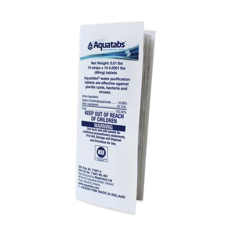 Aquatabs 49mg Water Purification Tablets (100 Pack). Water Filtration System for Hiking, Backpacking, Camping, Emergencies, Survival.