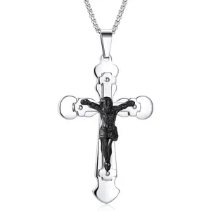 Mens Large Cross Necklace, Jesus Crucifix Necklace Pendant for Men, 28 inches Chain, Steel, Silver Black