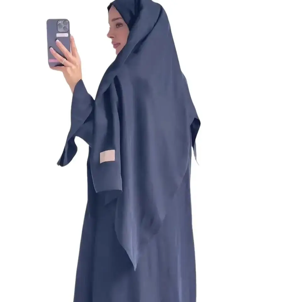 Modest Fashion 2-Piece Muslim Dress for Women Arab Plain Hijab Abaya Ramadan Islamic Clothing Muslimah Long Sleeve Dresses Grey 3D Effect Lace-Up Desi