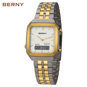 BERNY Titanium Watches for Men Dual Digital Analog Square Dial Men's Hybrid Quartz Wristwatch Waterproof 12/24 Hour Date Alarm Stopwatch Night Light Lightweight Vintage-Style Modern Design Casual Business Present, Reloj de Hombre, Easter Gift