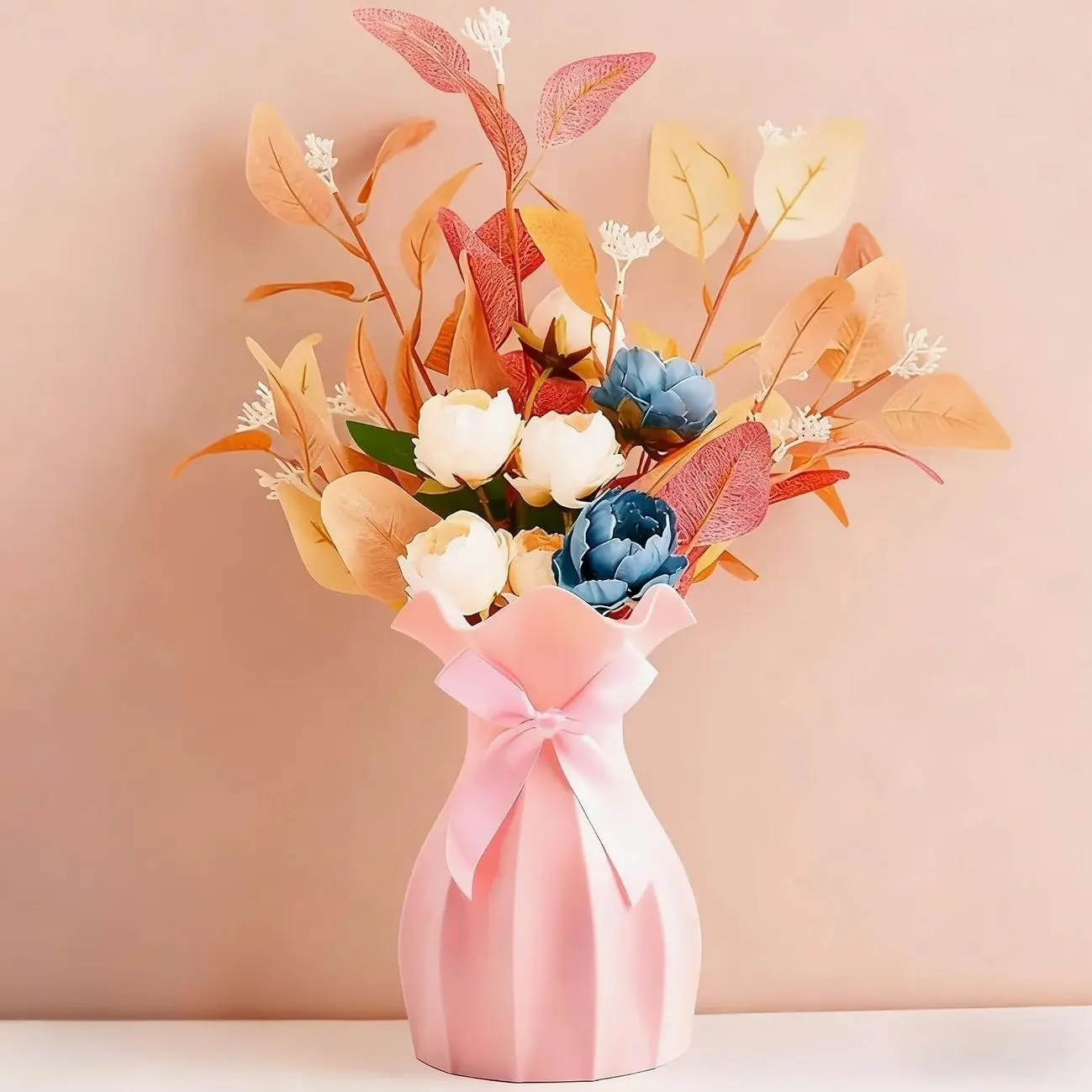 Small Plastic Flower Vase, Ceramic-Look Decorative Vase for Dried & Artificial Flowers, Cute Unbreakable Vase for Home Living Room Dining Wedding Decor