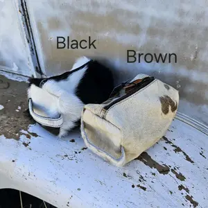Black Cowhide Cosmetic Bag with Handle - Stylish and Durable Design for Everyday Use