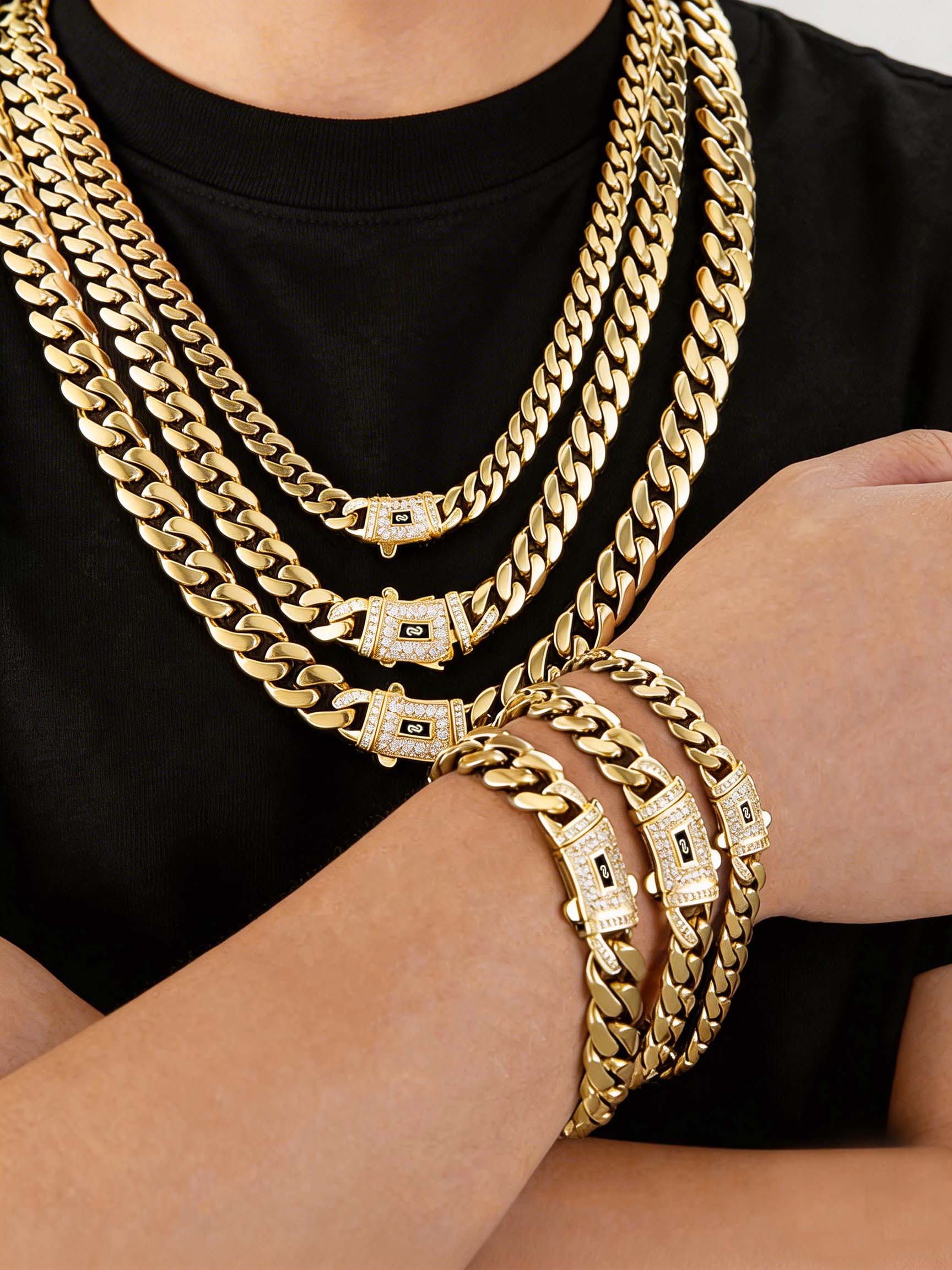 [New Upgraded Set] 14K Gold-Plated Cuban Necklace & Bracelet The latest electroplating gold-plating process for rust prevention 6mm/8mm/10mm/12mm/14mm Technology Waterproof Sweatproof Perfect Gift