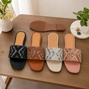 Women's Geometric Beaded Open-Toe Flat  Slide Sandals
