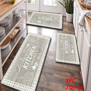 North European Kitchen Style Floor Mat, Geometric Border, Artistic Font, Durable Print, Suitable for Living Room, Bedroom, Bathroom, Kitchen