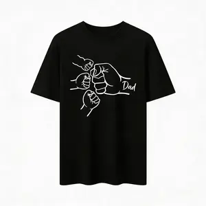 Dad Fist Bump 100% Cotton Washed T-Shirt Personalized Father's Day Gift Tee for Dada with 3 Kids Soft Vintage Crewneck Graphic Top