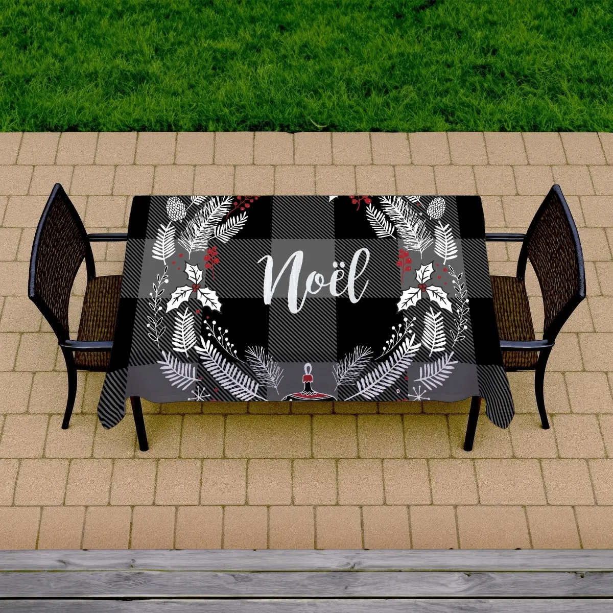 360 Stand Gray Christmas Tablecloth - 58x102 in, 360-Degree Stand Design, Water Resistant, Wreath Motif, Kitchen Decor, Party Decor, Indoor-Outdoor Home Gift, Decoration, Holiday, Outdoors, Rectangle