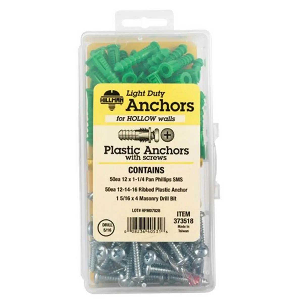 Hillman 212 MAIN Ribbed Plastic Anchor & Screw Kit (Anchors + Screws), 12-14-16 x 1.25 in. Size, High-Low Thread Design, For Brick/Concrete, 101-Piece Set, With Weight Capacity, 1 5/16X4 In Masonry Drill Bit, 1-1/2 In