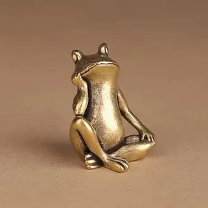 Handmade Brass Frog Sculpture, Vintage Inspired Meditation Pose, Polished Metal Finish, Unique Home Decor Gift for Collectors