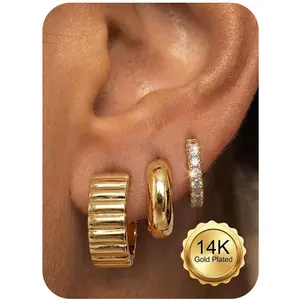 14K Gold Plated Hoop Earrings Stacks for Women - Hypoallergenic Huggie Hoops Earrings for Sensitive Ears Small Chunky Gold Silver Plated Open Hoop Earring Stack Lightweight Non Tarnish Jewelry 3 Pairs