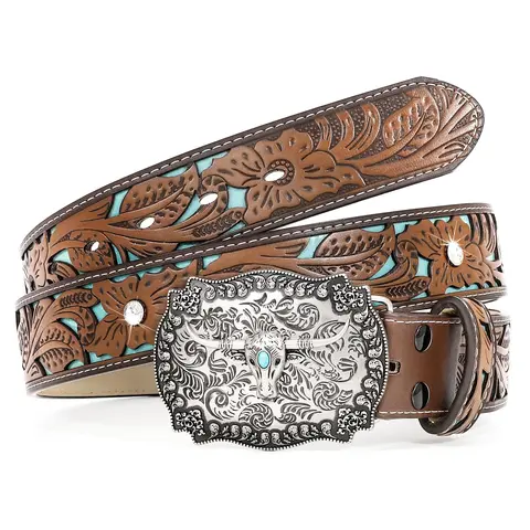 Unisex Vintage Cowboy Belt Western Engraved Brown PU Leather Belt With Detachable Longhorn Bull Buckle Cowgirl Belt For Party