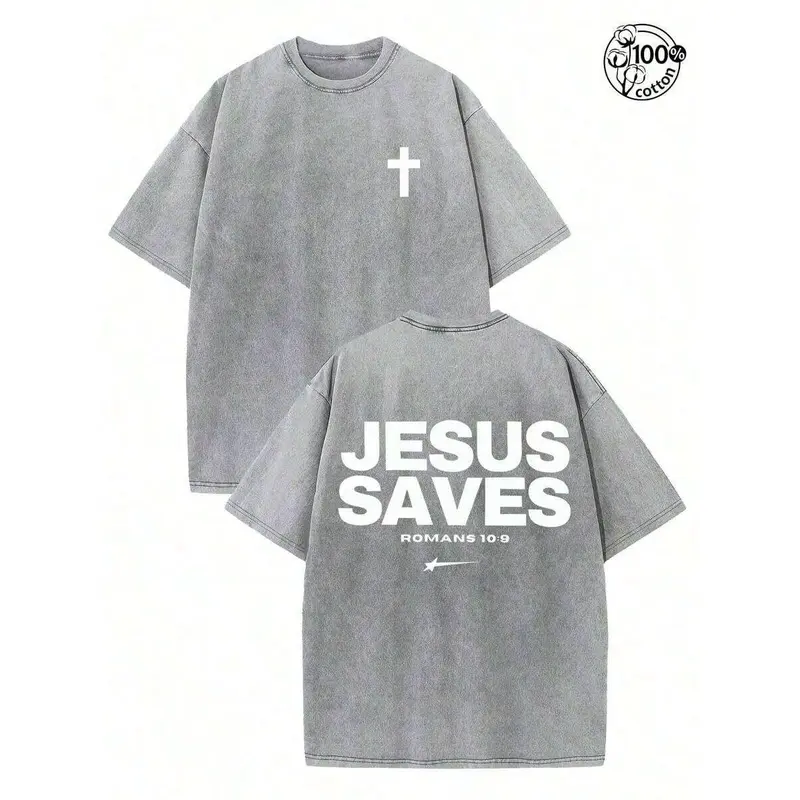 Jesus Saves Letter Print T Shirt,Retro Washed T-Shirt Double Sided Printed (230 Pure Cotton T-Shirt),Christian Gift, Men's T-Shirt, Men's Casual, Comfortable, Fashionable T-Shirt, Street Style Cotton
