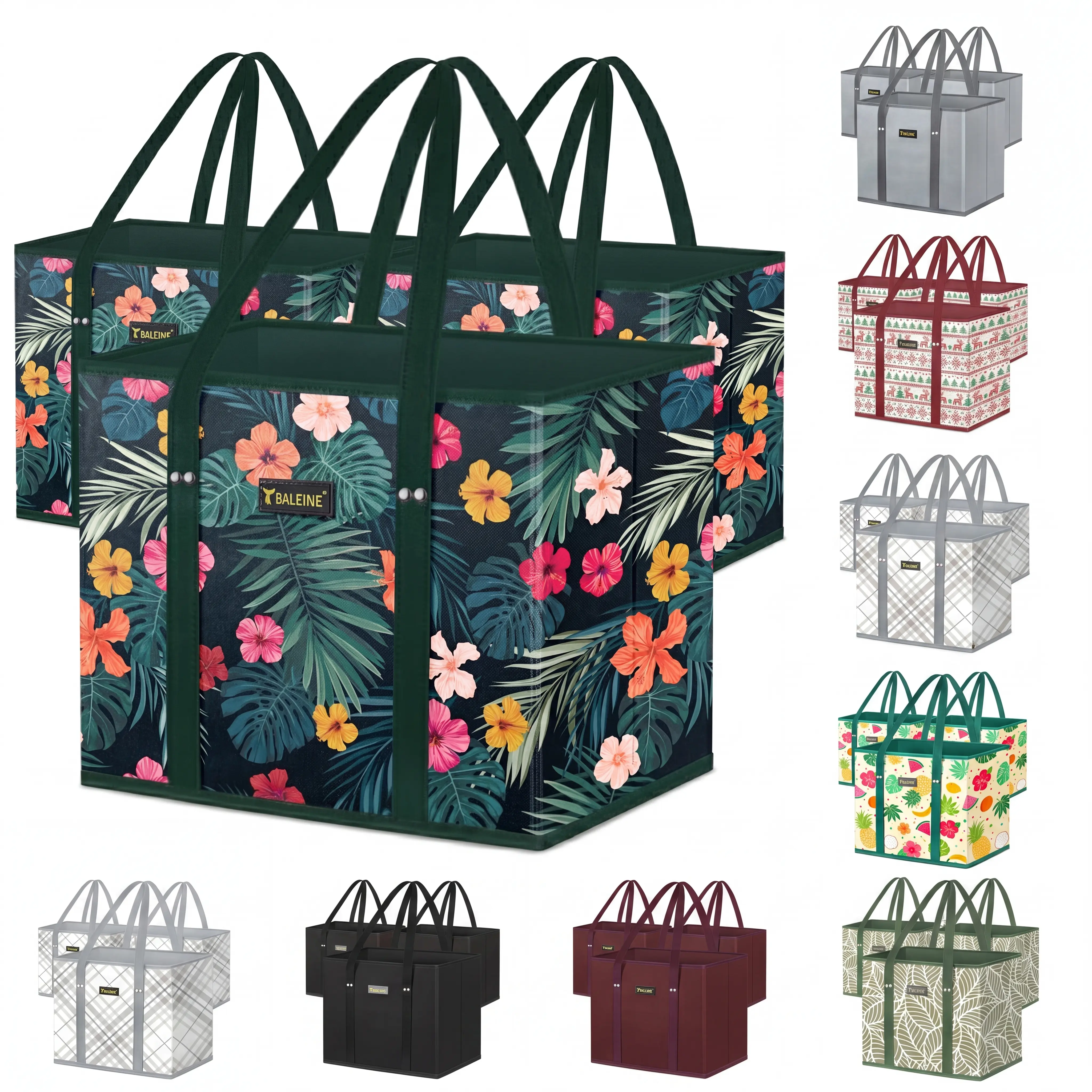 3 Pack Reusable Grocery Tote Bags, Extra Large Foldable Shopping Bags with Reinforced Bottom, Long Handles, Water Resistant for Grocery Shopping, Trunk Storage