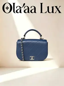 Pre-owned CHANEL Navy Lambskin Saddle Bag with Top Handle