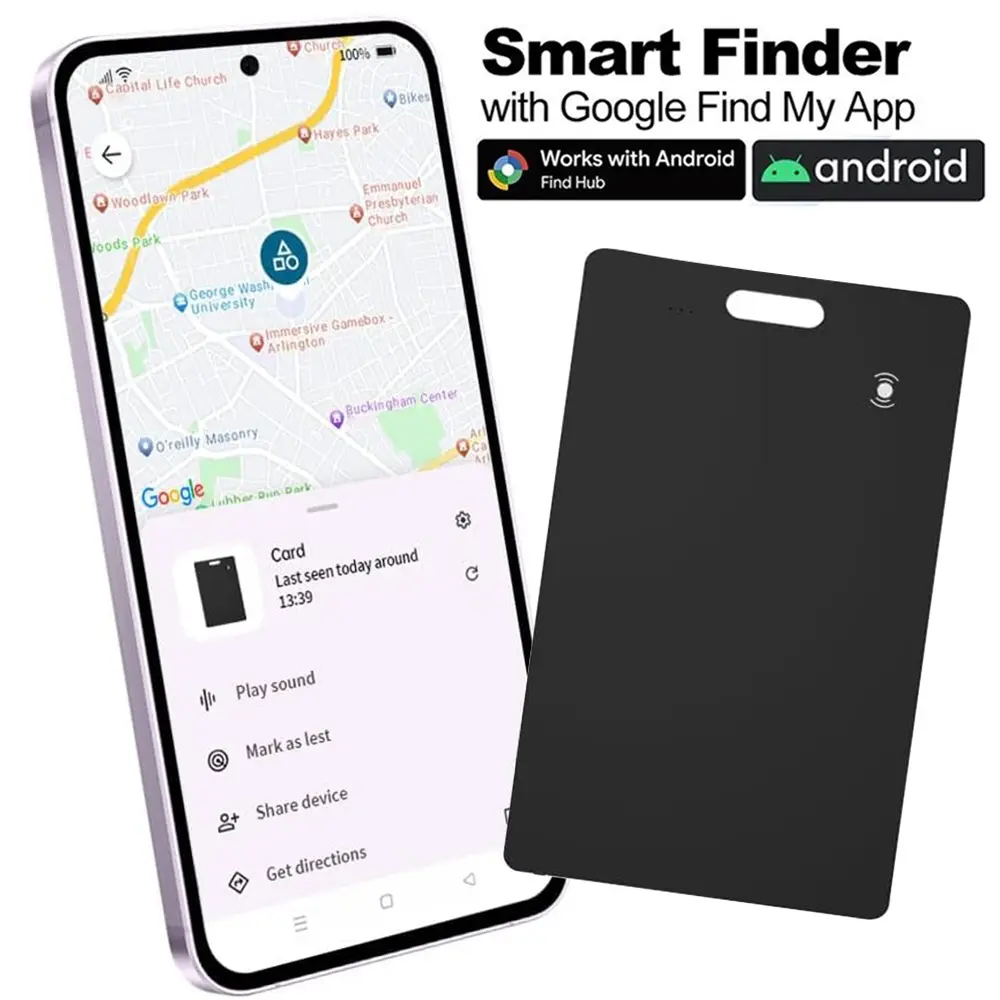 Google Certified GPS Wallet Tracker for Android, Rechargeable Bluetooth-compatible Smart Locator, Anti Theft Tracking, Anti Lost Wireless Positioning Tracker, Compatible with Find HUB, for Passport Bag Wallet Luggage Card