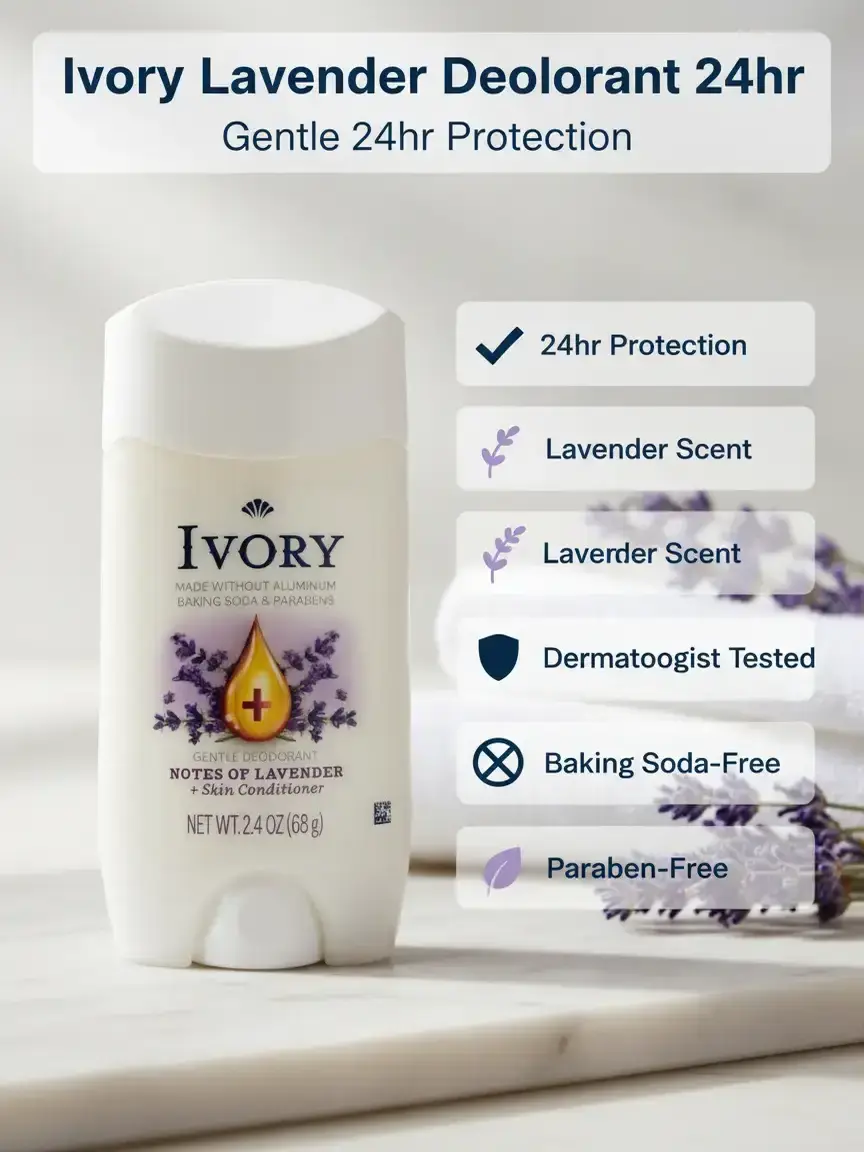 Ivory Aluminum Free Deodorant, Hint of Lavender, 24hr Gentle Deodorant, Dermatologist Tested, Baking Soda Free, Paraben Free, 2.4oz (Pack of 6) Ivory Aluminum Free Deodorant, Hint of Lavender, 24hr Gentle Deodorant, Baking Soda Free, Paraben Free.