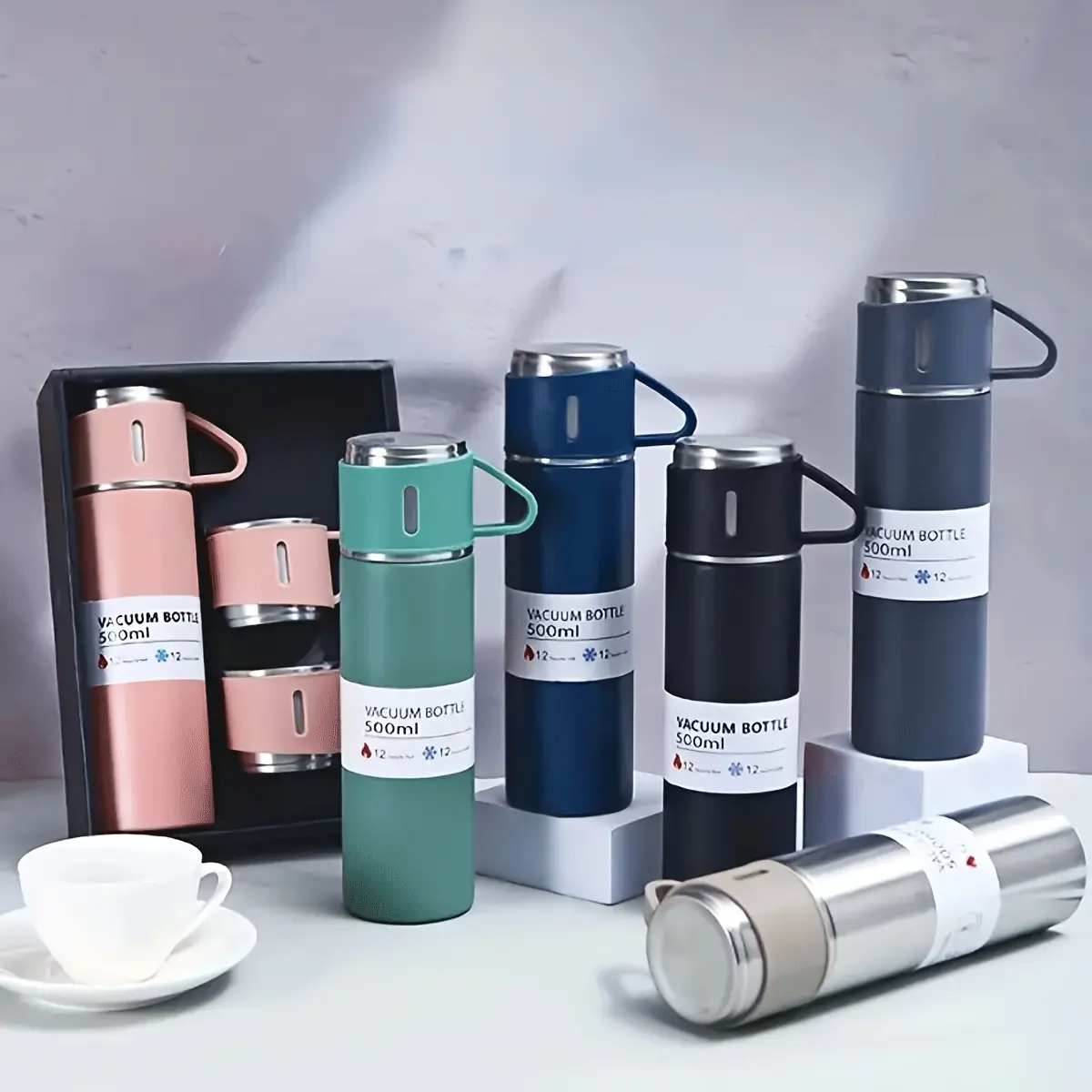 Insulated Vacuum Drinkware Gift Set - 500ml Vacuum Flask with Cup Lid, 2 Extra Cups, Plain Finish Set Pack, Stylish Kitchenware Travel Drinkware