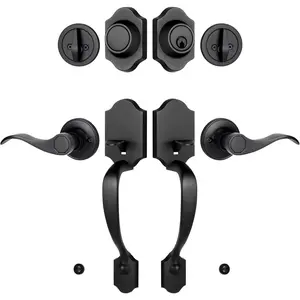 Double Front Door Handle Set with Dummy and Deadbolt, Entry Front Door Lock Set with Classic Half Grip Curved Door Handle for Exterior Doors or Office, Matte Black