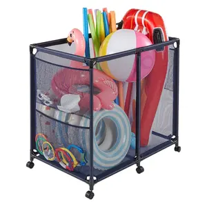 VEVOR Pool Storage Bin, 36.8x 24x 35.6 in, Rolling Pool Float Storage Organizer with Side Pockets Casters, Heavy Duty Metal Frame, Poolside Toys Noodles Holder Mesh Basket for Swimming Pools