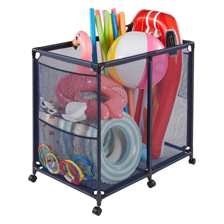 【DealsForYouDays】 Coated Steel Rolling Pool Storage Bin, 36.8x24x35.6 in Heavy-Duty Metal Frame Mesh Basket with Side Pockets & Rolling Casters, Poolside Storage Baskets for Toy & Noodle Organizationdealsforyoudays
