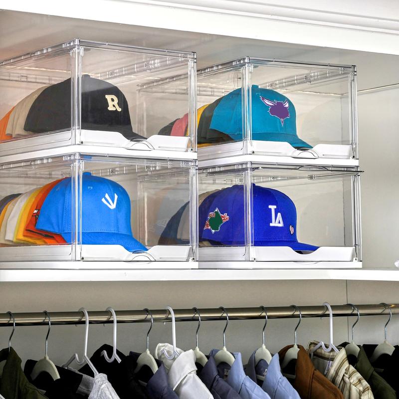 【New Arrrival】Vtopmart Hat Organizer for Baseball Caps,clothing with Clear Holder Box, Large Cap Storage with Sliding Tray, Stackable Rack Display Case & Magnetic Door, New Year Hauls