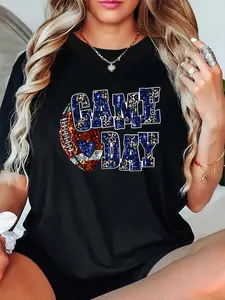 Unisex 100% Cotton Game Day Leopard Football Bling Bling Football Lover Tee - Maple Leaf and Pumpkin Thanksgiving Print T-shirt, Autumn Halloween Women’s Top