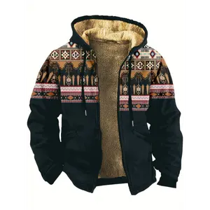 [Vintage Ethnic Hoodie] Vintage Ethnic Style Men's Fashion Hoodie - Casual Print with Fleece Lining and Zipper