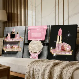 3 Counts Wooden Framed Canvas Painting, Luxury Pink Glitter Bathroom Decor Images, Exquisite Poster, Perfect Gift, Decor For Living Room, Bedthroom, Modern Art, Fashion Family Poster, Wall Art Decoration