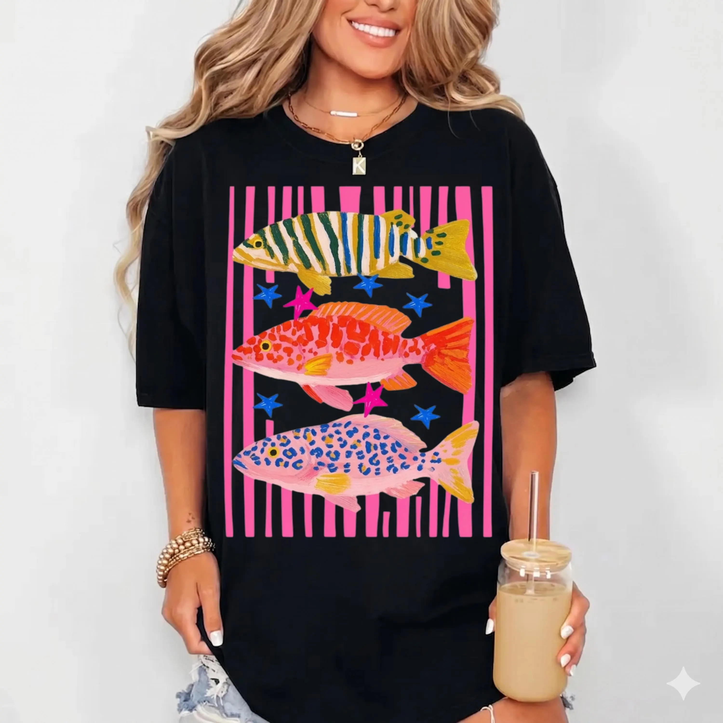 Colorful Maximalist Tropical Fish T-Shirt - Vibrant Trio Graphic Tee - Ocean Aesthetic Beach Shirt - Bright Summer Marine Life Top