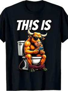Humorous 'THIS IS' Cartoon Bull Graphic T-Shirt - Plus Size Men's Casual Black Tee with Muscular Orange Bull on Toilet and Smartphone Design, Perfect for Funny Gift and Daily Wear