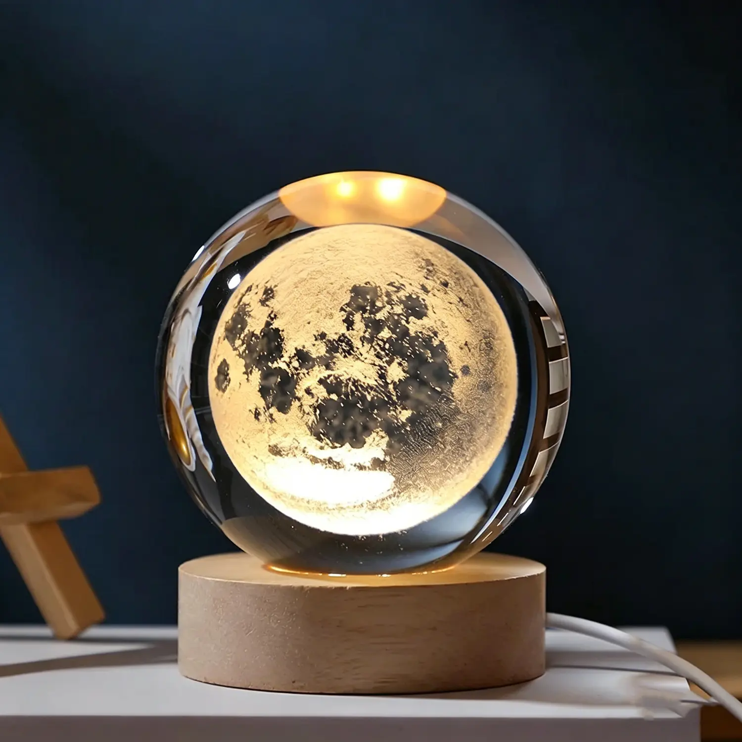 3D Moon Crystal Ball Night Light with Wooden Base & Gift Box, 60mm (2.36in) K9 Glass Moon Lamp, USB Powered Warm Bedside Light, Astronomy Space Gifts for Kids Women Men, Birthday Anniversary