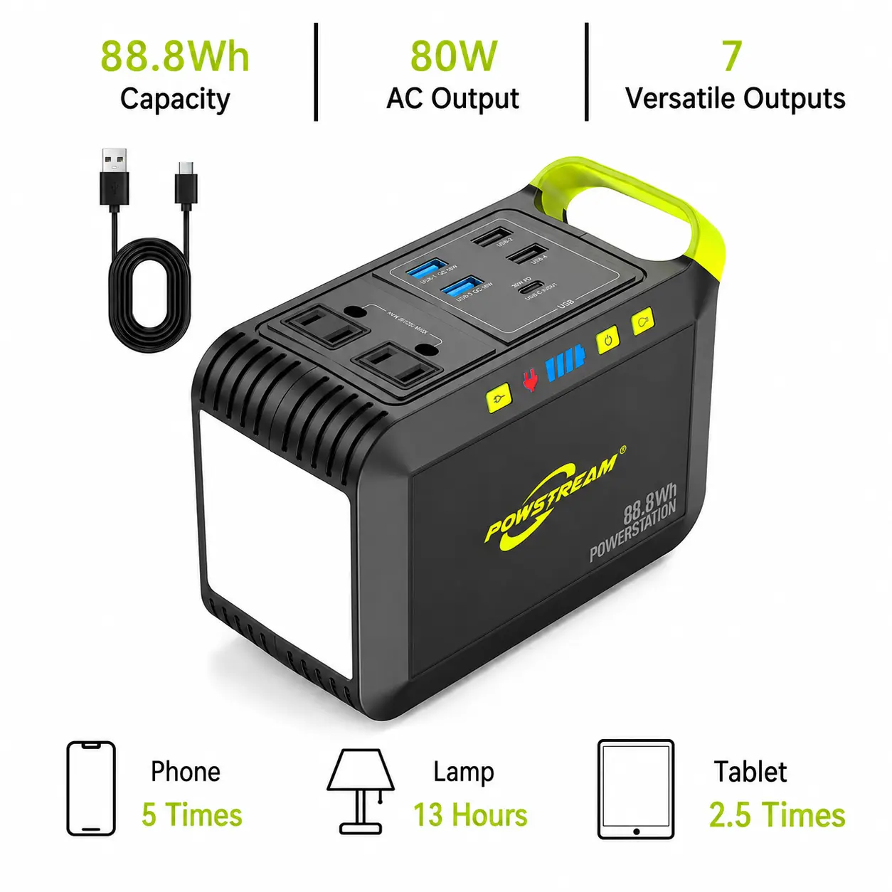 POWSTREAM Portable Power Station, 24000mAh 88Wh Emergency Battery Supply with 80W AC Outlet (120W Peak), 7 Output Ports, Built-in Flashlight, Cable & USB Compatibility, Fast-Charging Charging Bank for Hiking, Camping