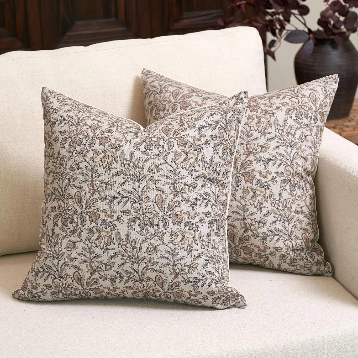 Floral Throw Pillow Covers 18x18 Set of 2 Vintage Block Print Pillow Covers Decorative Pillow Covers Couch Pillows for Living Room Farmhouse Accent Sofa Pillows, Red/Sand