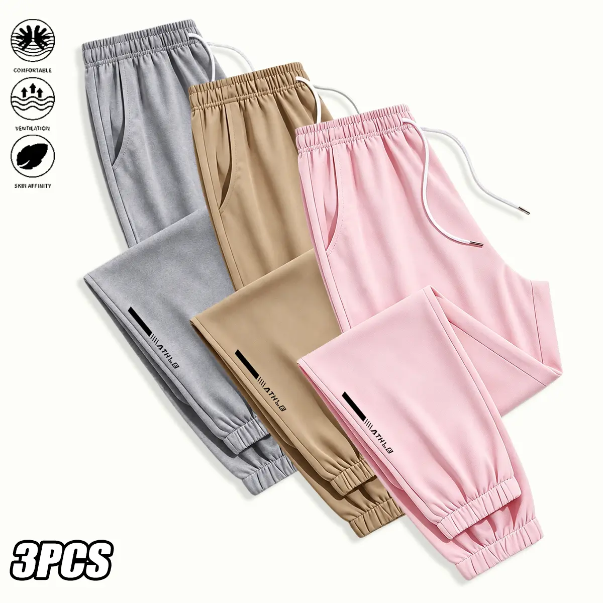 3-pack women’s athletic long pants with drawstring design, suitable for outdoor sports and everyday wear; women’s long pants, womenswear bottoms