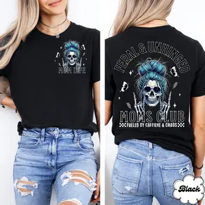 Feral and Unhinged Moms Club Graphic Tee, Skeleton Coffee Edgy Mom Shirt, Funny Trendy Rad Mom Casual Top, Soft Cotton Crew Neck Short Sleeve, Perfect for Everyday Edgy Mom Style