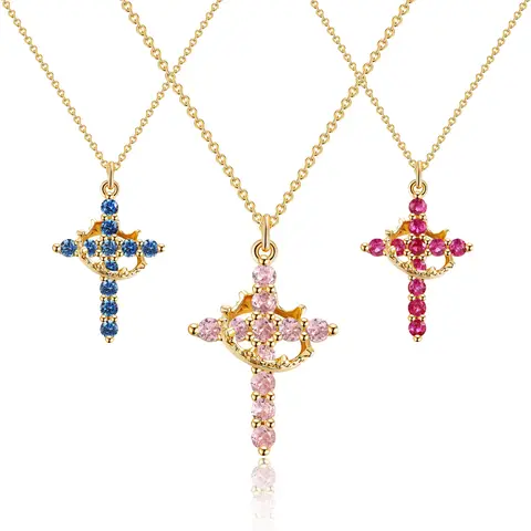 Women's 14K Gold Plated Crown Cross Design Elegant Necklace - Cubic Zirconia Pendant, Adjustable Dainty Faith-Inspired Jewelry for Ceremony, Baptism, Costume Fashion Accessory