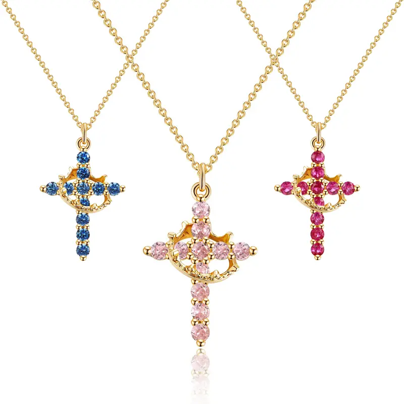 Women's 14K Gold Plated Crown Cross Design Elegant Necklace - Cubic Zirconia Pendant, Adjustable Dainty Faith-Inspired Jewelry for Ceremony, Baptism, Costume Fashion Accessory