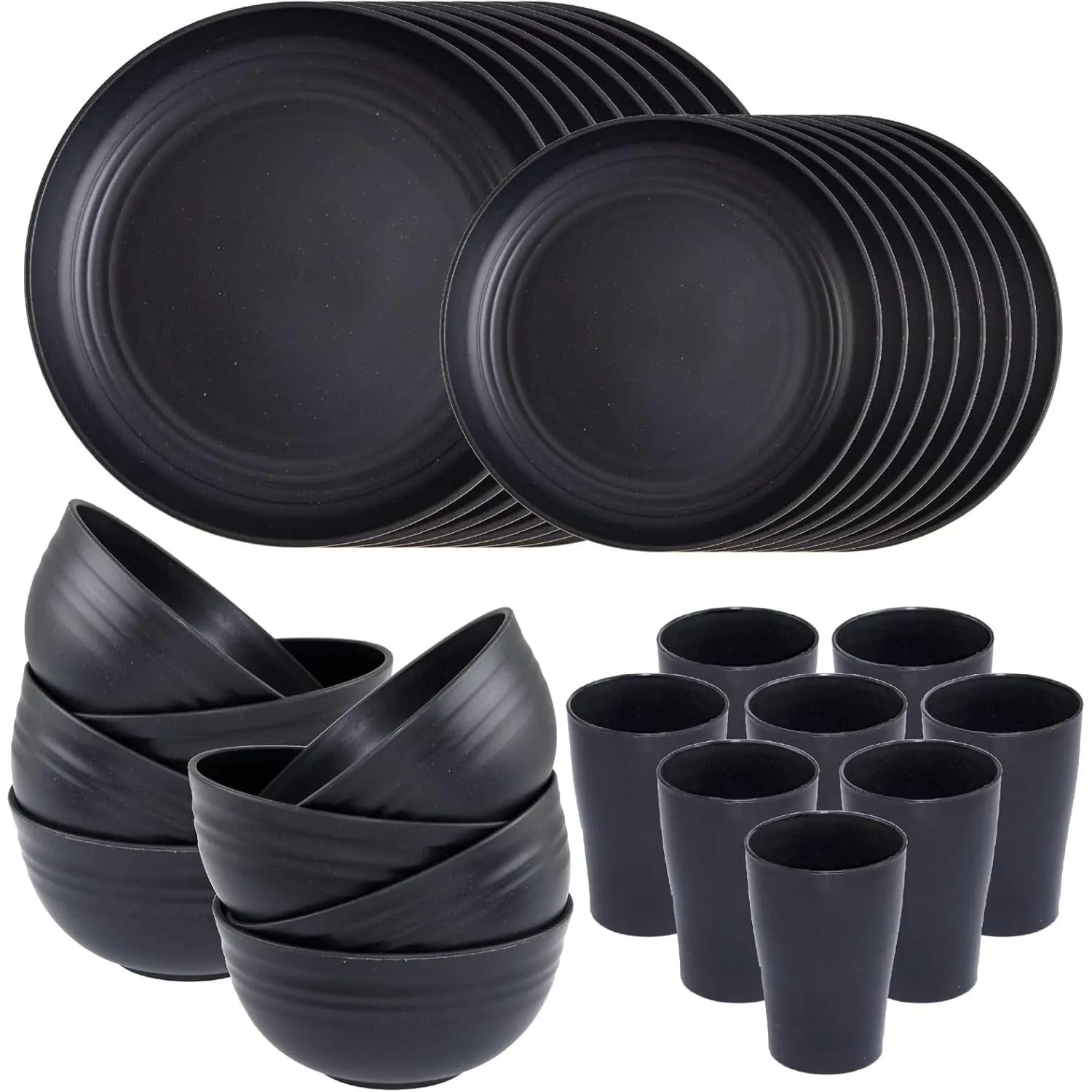 Wheat Straw Dinnerware Sets,Plates and Bowls Set, Dish Sets for 8, Unbreakable Plate for 8 Dishwasher Safe, Dinnerware Black-16pcs Plates, 8 count Bowls, 8 count Cups.