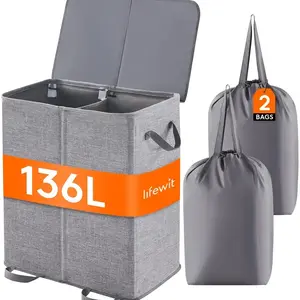 Large Foldable Laundry Basket with Lid, Removable Liner, Handles, Dual Compartments, /dark Blue, Ideal for Bedroom & Dorm Room Use