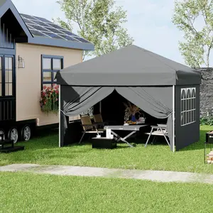 Gray 10x10 Pop Up Canopy Tent with 4 Waterproof Sidewalls,Portable Outdoor Tent for Camping, Beach, Backyard - Includes Carry Bag, Stakes & Guy Lines (10 ft x10 ft, Instant Setup)